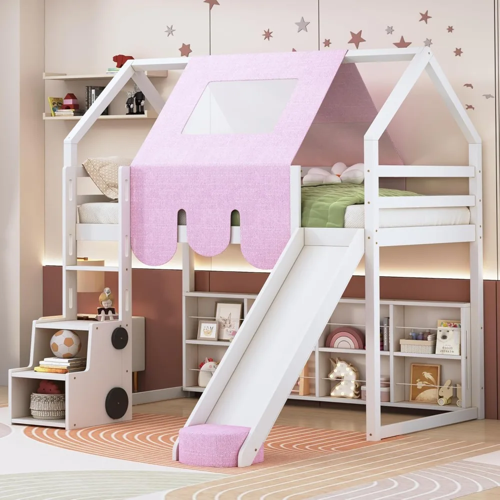 

Twin House Loft Bed with Stairs and Slide, Wooden House Loft Bed with Storage Shelves, Stairway Playhouse Bed with Roof