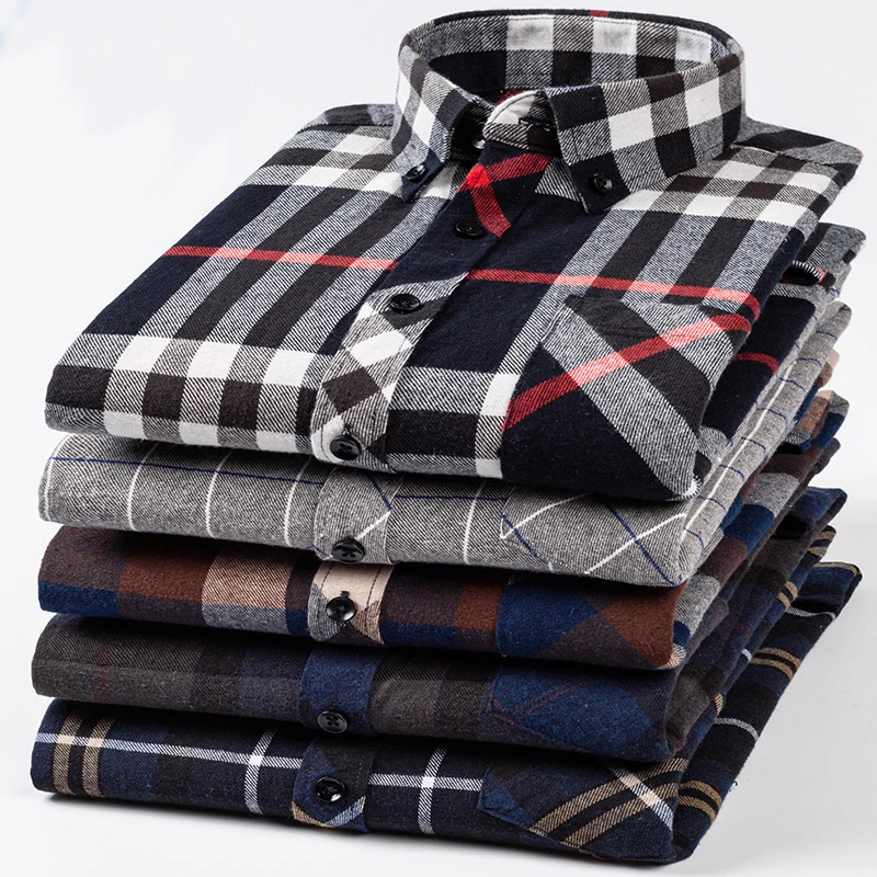 

Cotton Mens Checkered Shirts Long Sleeve Soft Plaid Shirt Button Up Regular Fit Leisure Classical Vintage Comfortable Man Tops