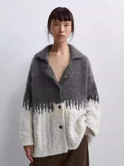 

Soft Tweed Color Block round Neck Open Cardigan Women's Sweater Fashionable Simple Design Autumn Winter Essential Casual Wear