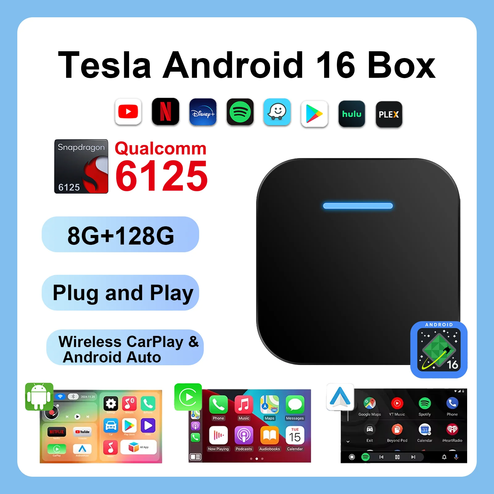 Ezonetronics Tesla Android Box 8G+128G Android 16 Wireless CarPlay & Android Auto Qualcomm 6125 Support Google Play Install Apps