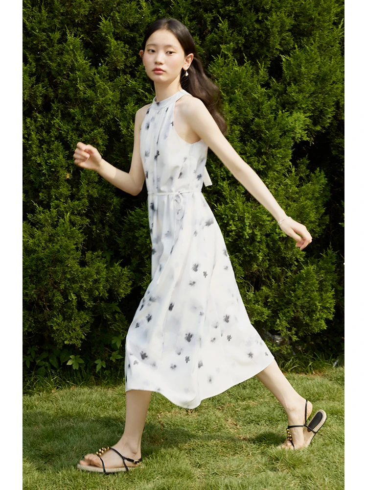 ZIQIAO Halter Neck Holiday Style Long Printed Female Dress 2024 Summer New Design Floral Mid-length Strappy Dress 24ZQ92397