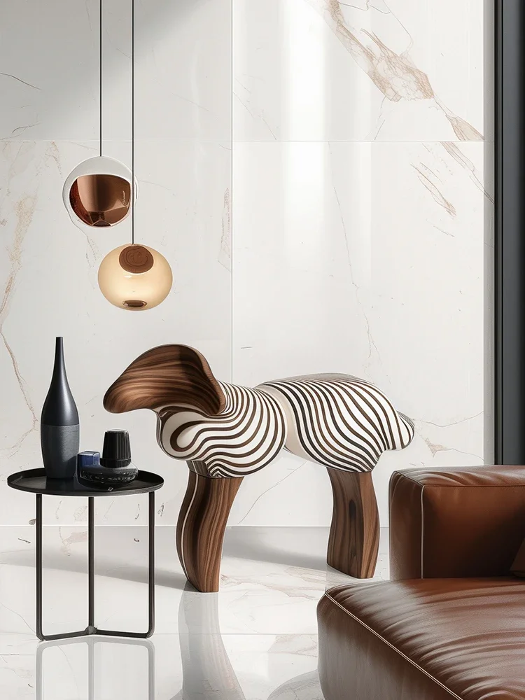 Italian light luxury creative abstract lamb solid wood stool artistic design sense household animal stool low stool view 2
