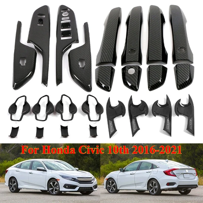 

For Honda Civic 10th 2016-2021 LHD Carbon Fiber Grain / Glossy Black Exterior Door Handle Pull Cover Trim，Interior Accessories