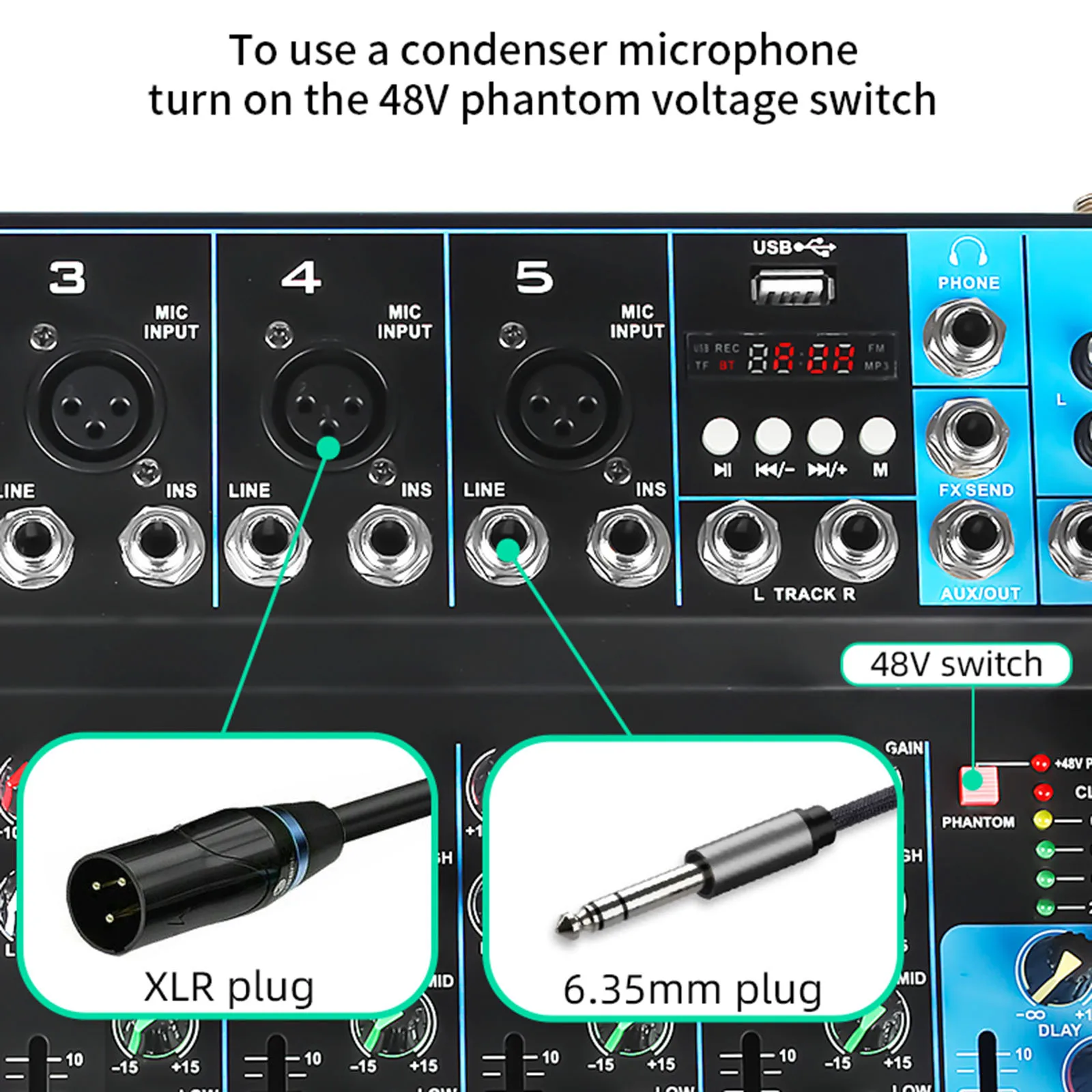 Imagem -05 - Mixer de Áudio com Suporte a Reprodução Usb Compact Sound Mixing Board Console System Mini para Aplicação de Música Ktv Stage Party Canais