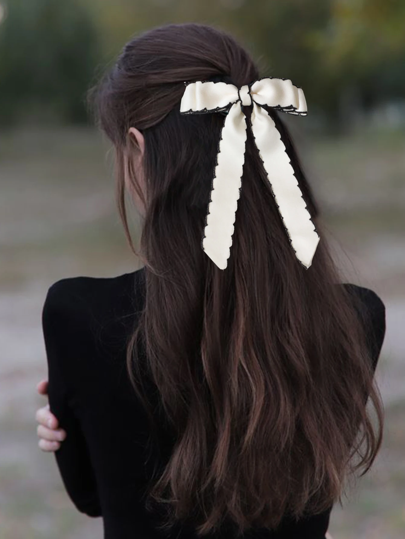 Lystrfac New Fabric Wavy Ribbon Hair Bow Spinka do włosów dla kobiet Dziewczyny Spinki do włosów Czarny Biały Kokarda Top Klips Kobiece akcesoria do włosów — zdjęcie 5