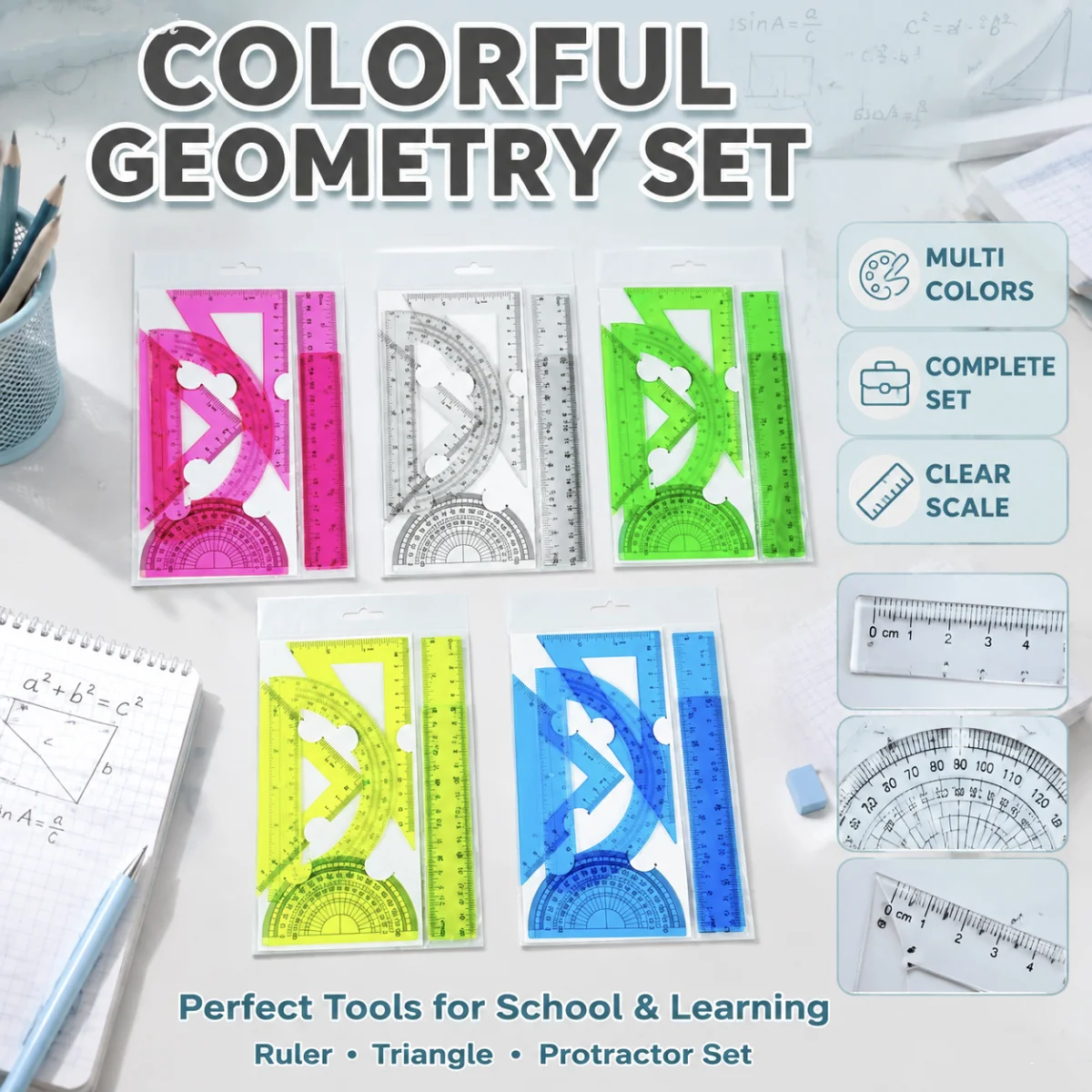 6-Piece Ruler Set - Includes Straight Rulers, Protractor, and Triangles for Accurate Measuring and Drafting