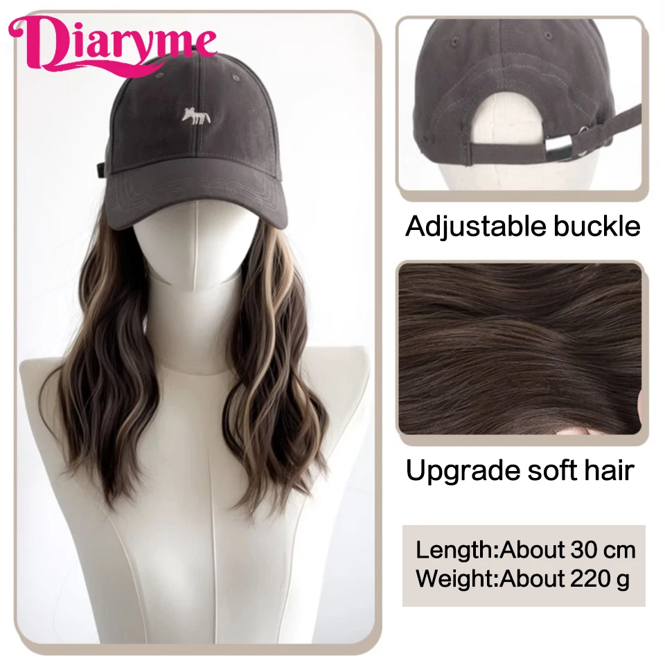 One-piece Cap wig Synthetic Short Water Wavy Wigs With Baseball Hat Brown Highlights Blonde Hair Connet adjustable Baseball cap