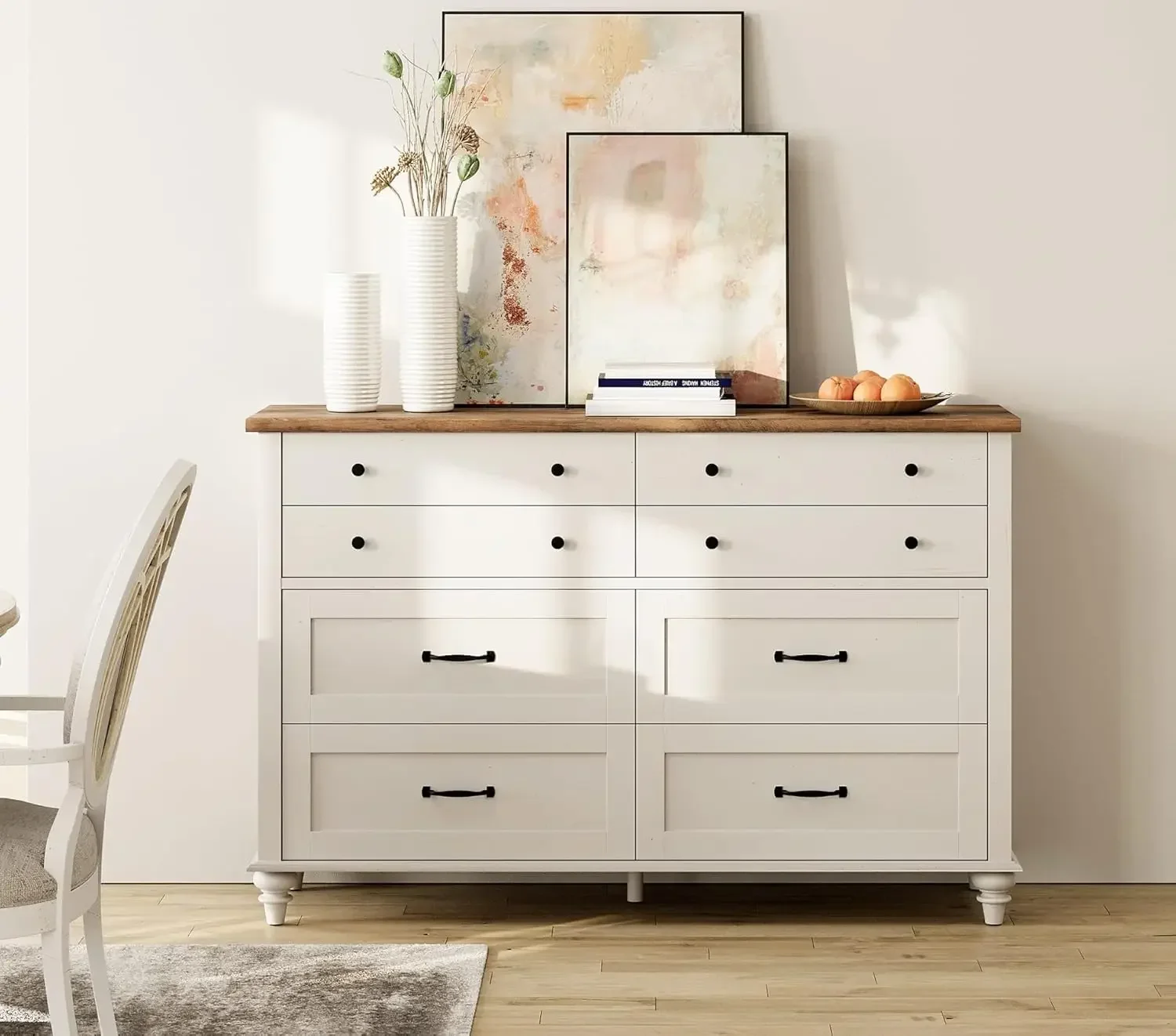 8 Drawers Dresser for Bedroom, Mid Century Chest of Drawers Kids Dresser with Distressed Surface, Off White, 54 Inch