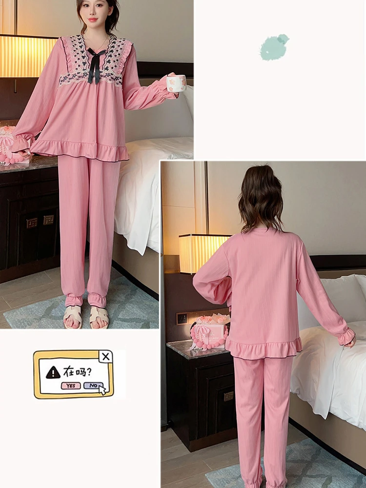 M-5XL женские пижамы больших размеров с нагрудными подушечками, одежда для сна в стиле принцессы, весенние хлопковые брюки с длинными рукавами, свободная домашняя одежда