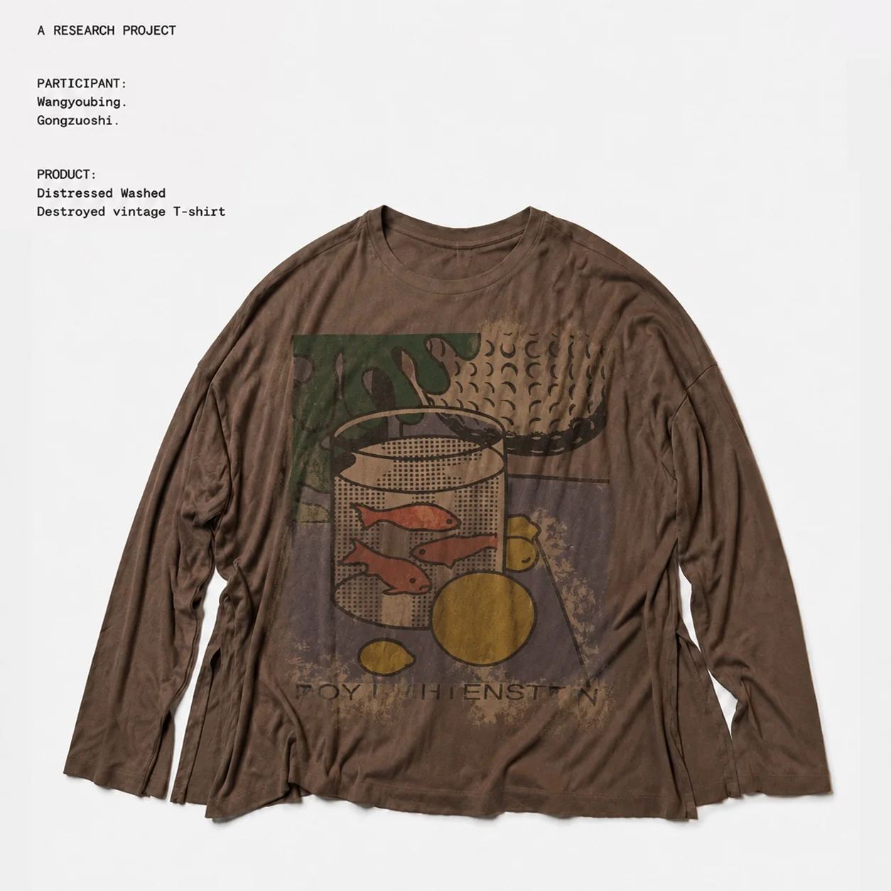 Loose Fit Long Sleeve T-Shirt Artistic Fishbowl Illustration Heavy Washed Side Split Youthful Summer Cotton Casual round Neck