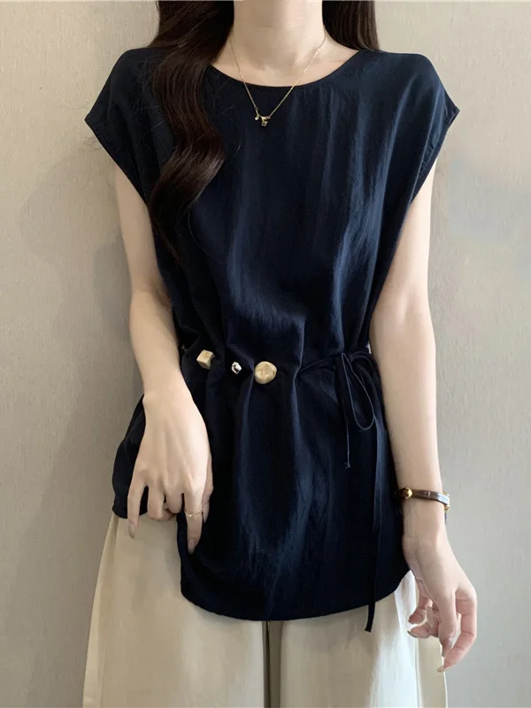 

Elegant Dark Blue Short Sleeve Shirt Women's plus Size Fitted Waist Asymmetrical Top Korean Style Commute Wind Summer New Arr...