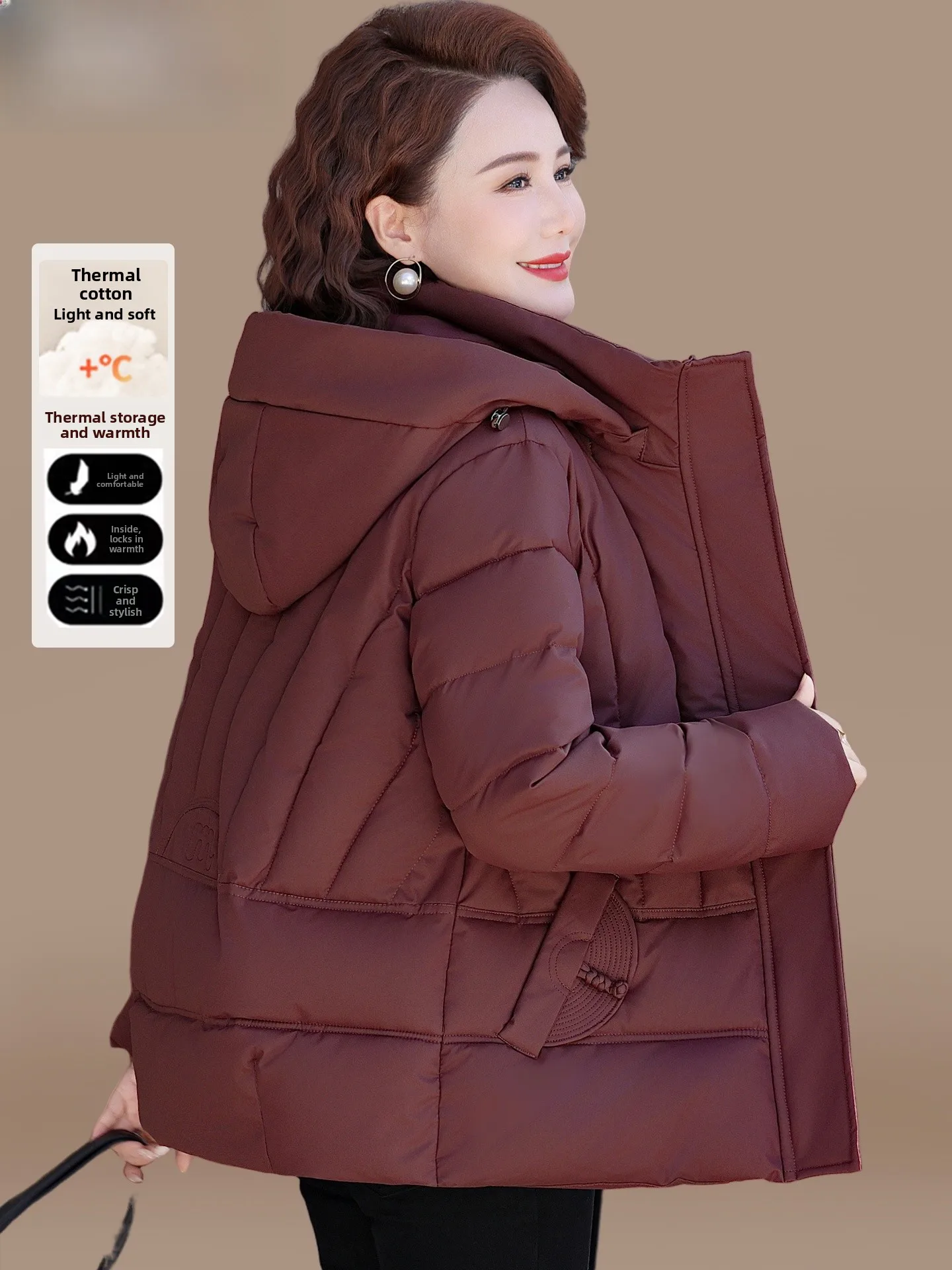 

Faionable Winter down Cotton Jaet for Middle-Aged Mothers plus Size Casual Sle Zipper Closure Warm Coat Women's Outerwear
