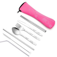 7Pcs Picnic Tableware Set Case Portable Pouch Dinner Household Tool Travel Camping Spoon Washable with Zipper Travel Cutlery Kit