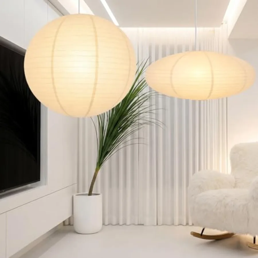 

2 Pack 24" Large Hanging Paper Lampshade Set Round and Oval White Lanterns Pendant Ceiling Light Shade with 20Feet Cord and Hoo