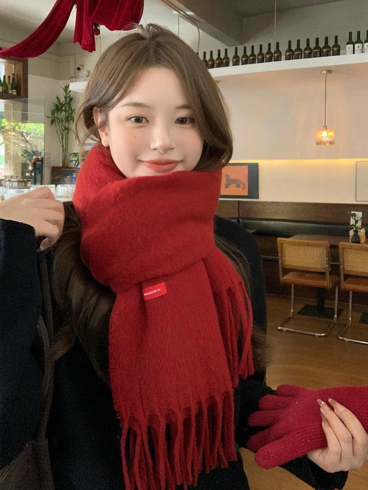 Korean Style Fringed Cashmere Scarf Women's Winter 2026 New Year Red Warm Neck Protection Scarf Outerwear Long Rectangle Shape