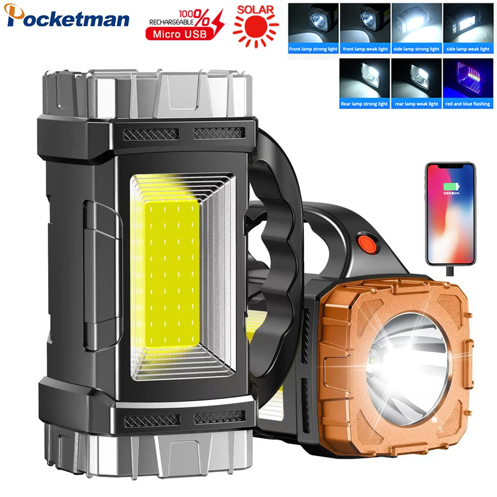 

Solar+USB Fast Charging LED Work Light Handheld Flashlight Outdoor Camping Lantern Rechargeable Torch Waterproof Searchlight