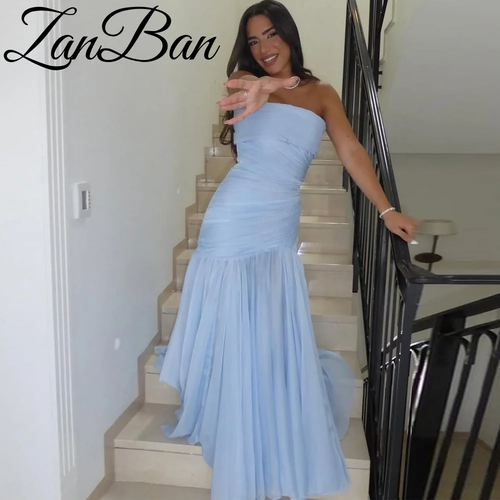 ZanBan Elegant Simple Blue Gauze Strapless A Line Wedding Dress Full Floor-Length Sweep Train customized Draped Prom Dress