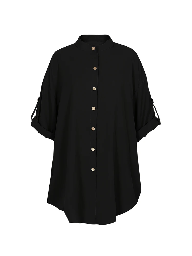 قميص نسائي أنيق مقاس كبير بلون سادة ورقبة على شكل حرف V وزر سادة قميص كاجوال بصف واحد وزر بلون سادة كاجوال فضفاض #6