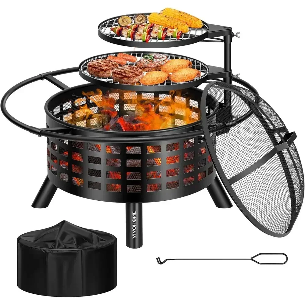 36 Dual-Grill Outdoor Fire Pit, Wood-Fired with Spark Screen and Waterproof Cover, Ideal for Backyard BBQs and Camping