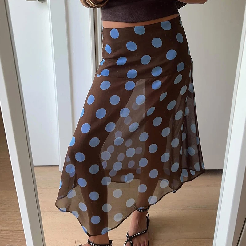 

BKLD 2025 Women Color Contrasting Dot Print Irregular Skirt Vacation Style Slimming Wrapped Hip Mesh Half Skirt All-match Outfit