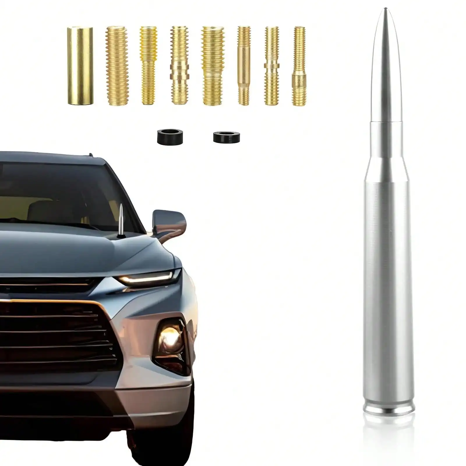 

Universal Bullet Shaped Antenna, made of T-6061 aluminum alloy, fits Chevy, GMC and Dodge Ram trucks. Easy to install, takes only 5 minutes, durable exterior car accessory.