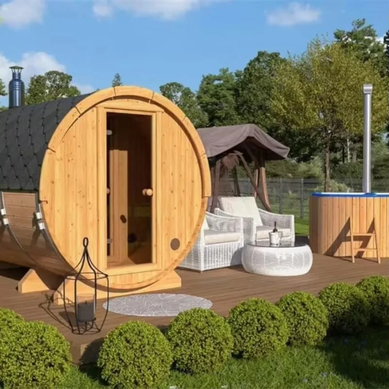 Salón de sauna de barril de madera al aire libre, Saunas de madera tradicionales de jardín canadiense Hemlock para 4-6 personas con dosel