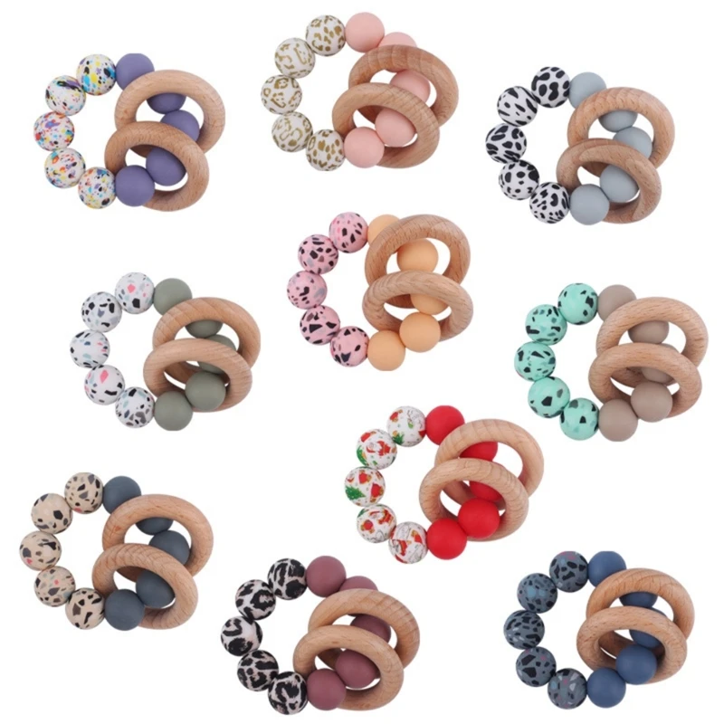 

Infant Teether Beads Food Grade Teething Bracelet Wooden Soother Rings Baby Chewing Toy Rattle Newborn Bead Teether Gift