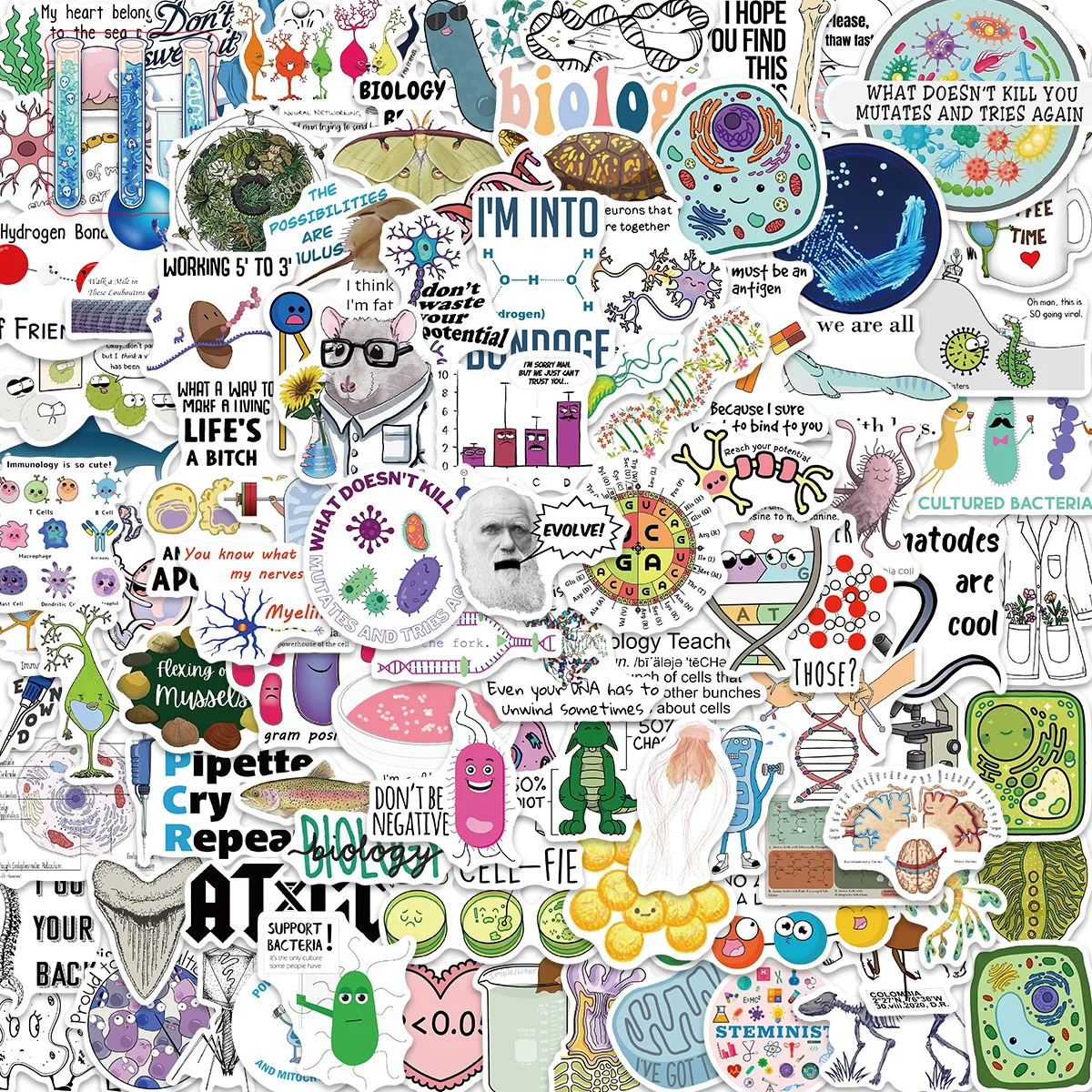 100 pegatinas de biología de dibujos animados, decorativas, impermeables, para guitarra, cuaderno, equipaje, bricolaje, papelería, recompensa