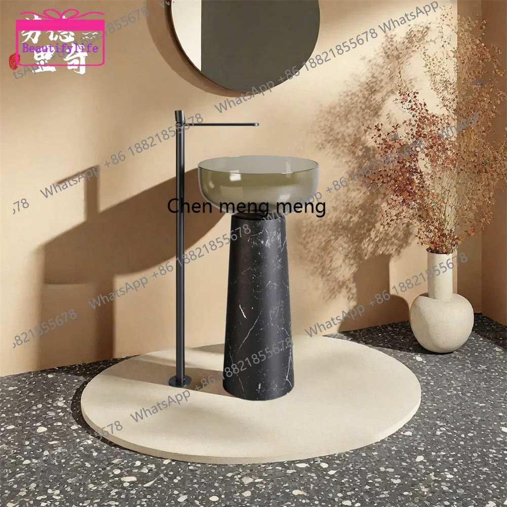 A17 Medieval retro style black and white root marble tea brown transparent resin floor-to-ceiling face washing column basin
