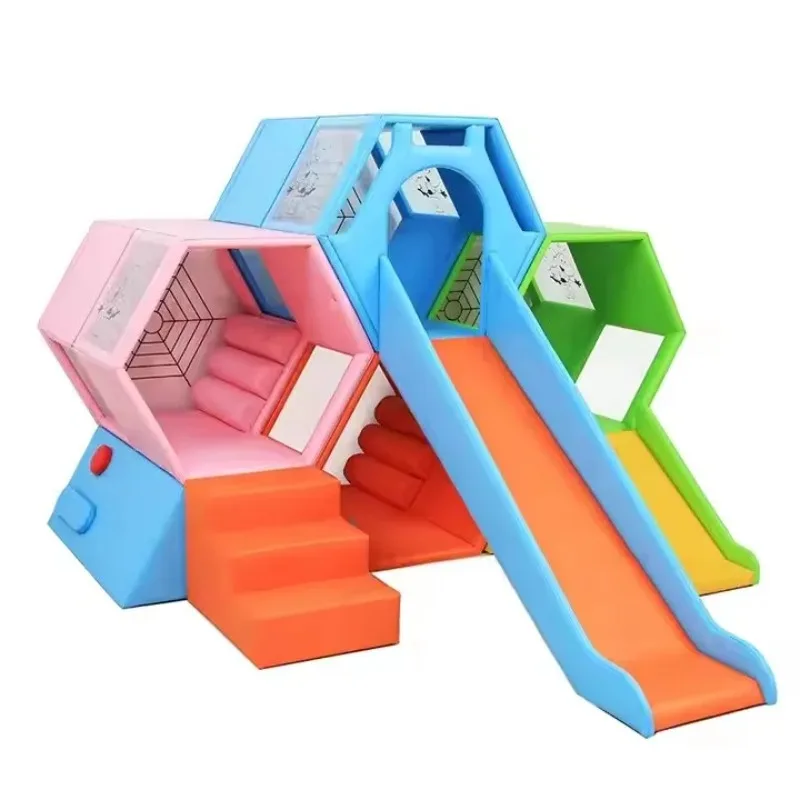 

【From China】Parent child climbing physical training soft play honeycomb combination pink big slide set children FOR Kindergarten