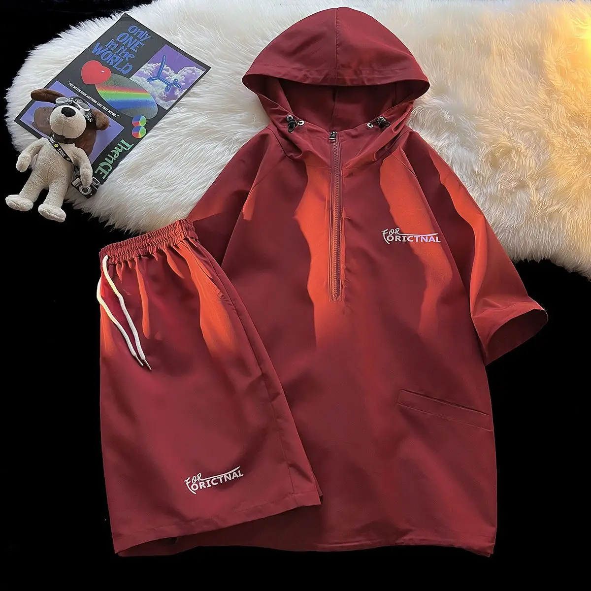 

Summer Extra-large Half-zip Pullover Hooded T-shirt Shorts Suit Couples Loose Casual High Street Personalized Tops Five-point