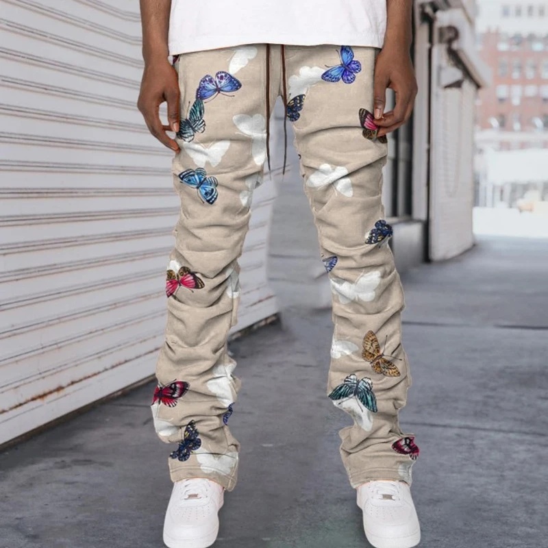 High Street Mens Casual Straight Pants 2022 Fashion Mid Waist Button Trouser Autumn Vintage Butterfly Print Men Long Pant New