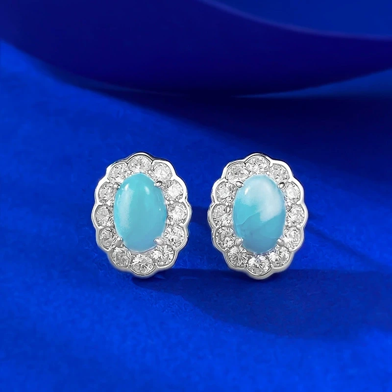 

S925 Silver-blue Romantic Egg-shaped Zircon Earrings Surrounded by Natural Sea-patterned Stone