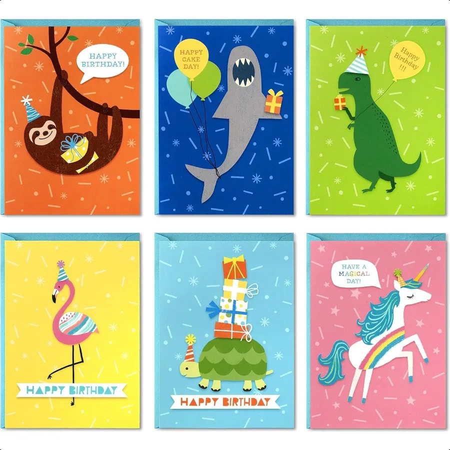 

Birthday Cards for Assortment 48 Cards with Envelopes Dinosaurs Sloths Unicorns Flamingos Turtles Sharks