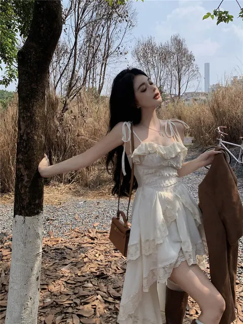 فساتين بيضاء للنساء موضة مثيرة حبال رو فام 2025 فيستدوس دي موخير المرقعة الدانتيل الكشكشة فستان حلو غير منتظم #3