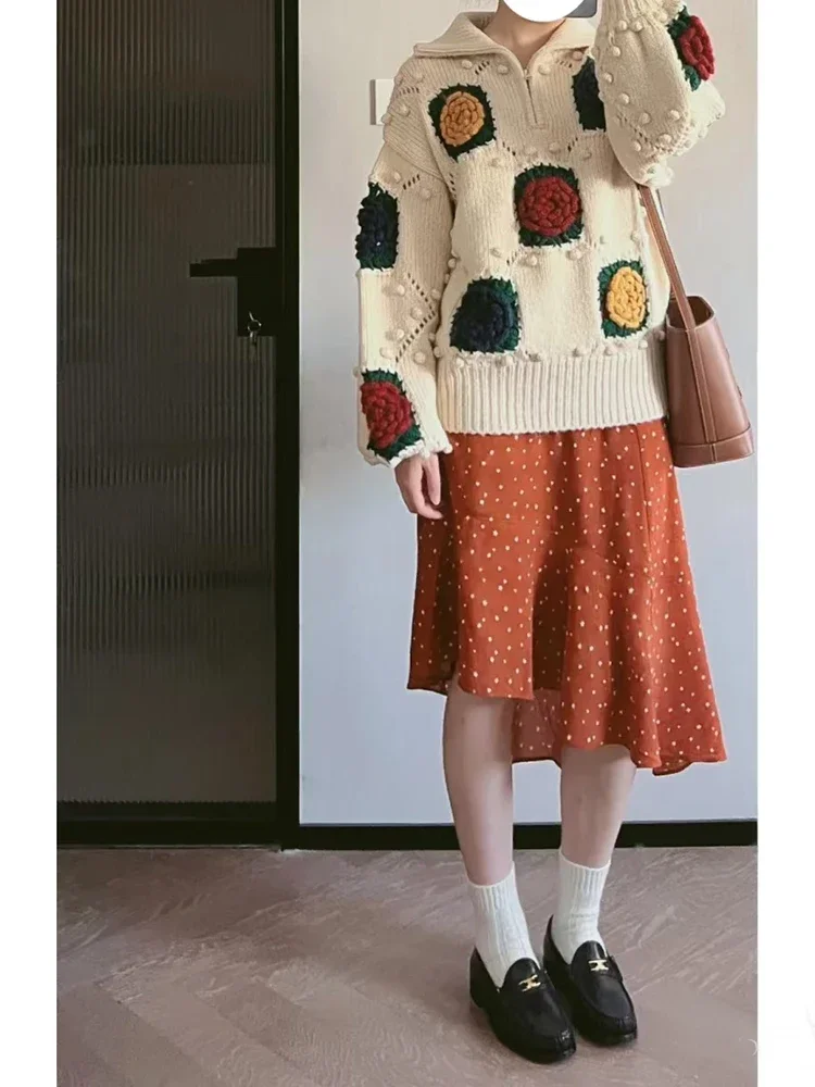 Women Vintage Flower Crochet High Neck Long Sweater 2024 Fall Winter Loose Jumper Cozy Sweater Retro Outfit