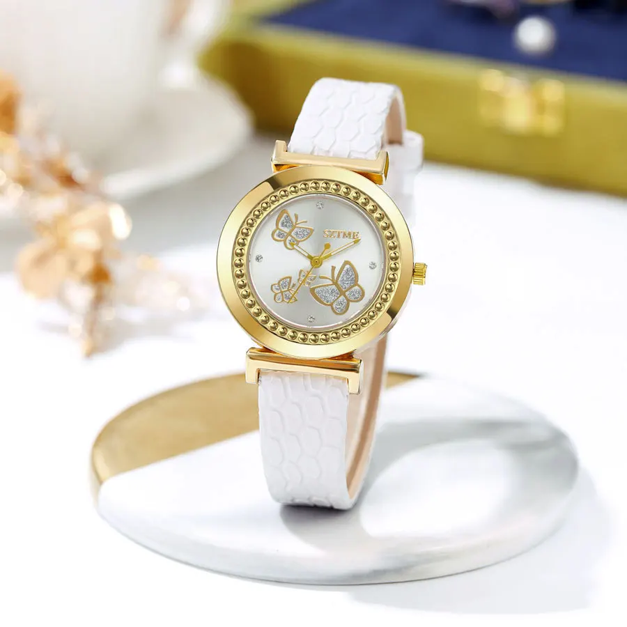 2024 mode klassiek damesriemhorloge gouden vlinder diamanten set trendy nieuw dames quartz horloge