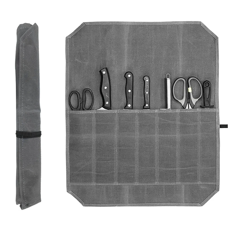 NEW-Knife Roll Case Knives Holder Waxed Canvas Cutlery Protector Home Kitchen Cooking Tool And Utensils Wrap Bag Roll Pouch