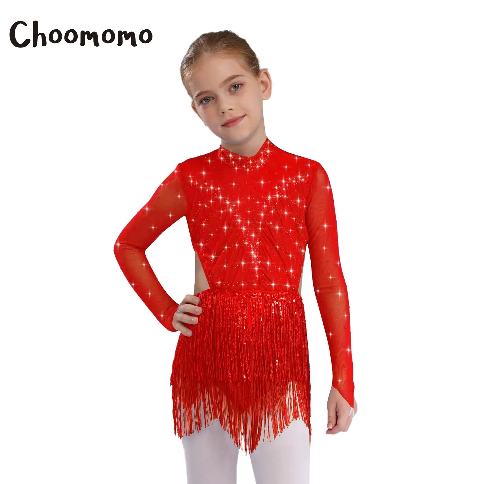 

Kids Girls Latin Jazz Dance Gymnastics Leotard Dress Sequins Tassels and Long Sleeve Backless Rhinestones Bodysuit Competition