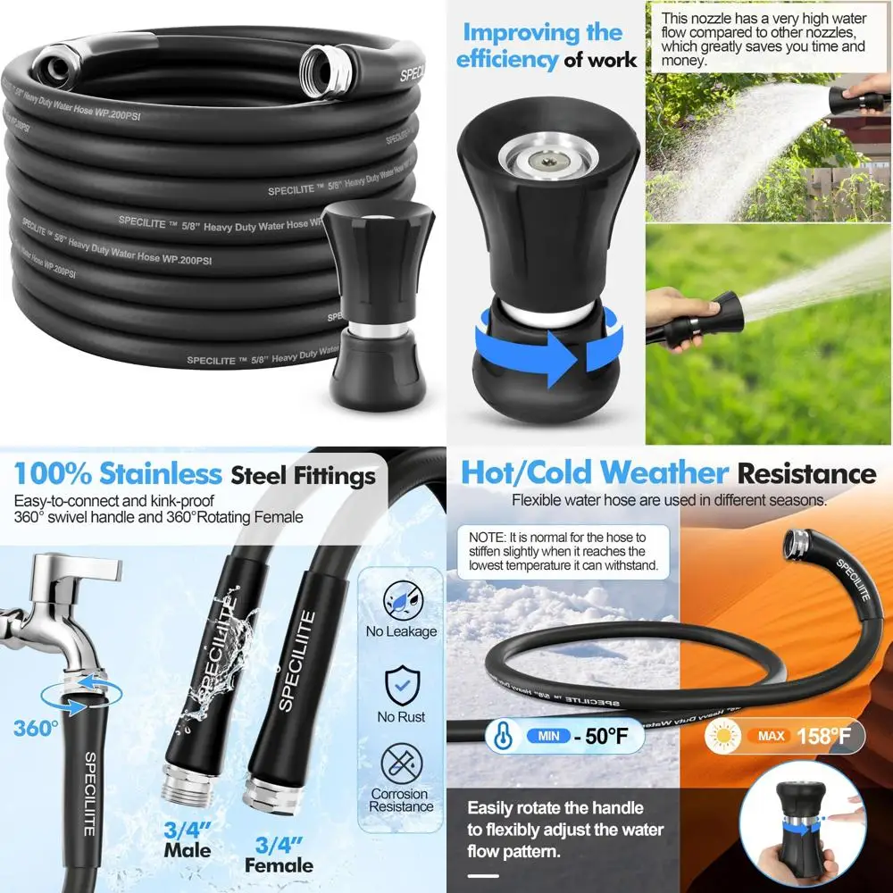 

High Flow 75ft Flexible Rubber Garden Hose for Hot/Cold Water, Heavy Duty, 50°F to 158°F with 3/4 Stainless Steel Nozzle