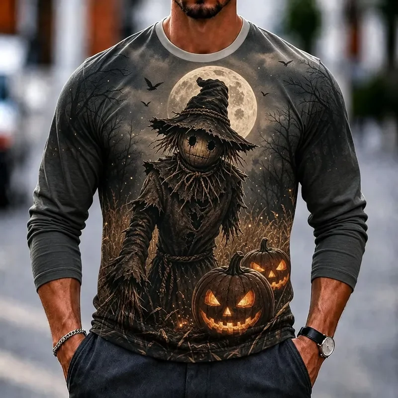 3D Printed Casual Long Sleeve Men Halloween Night Scenery Shirt Pumpkin Full Moon Lantern Autumn Leaf Graphic Crew Neck Top