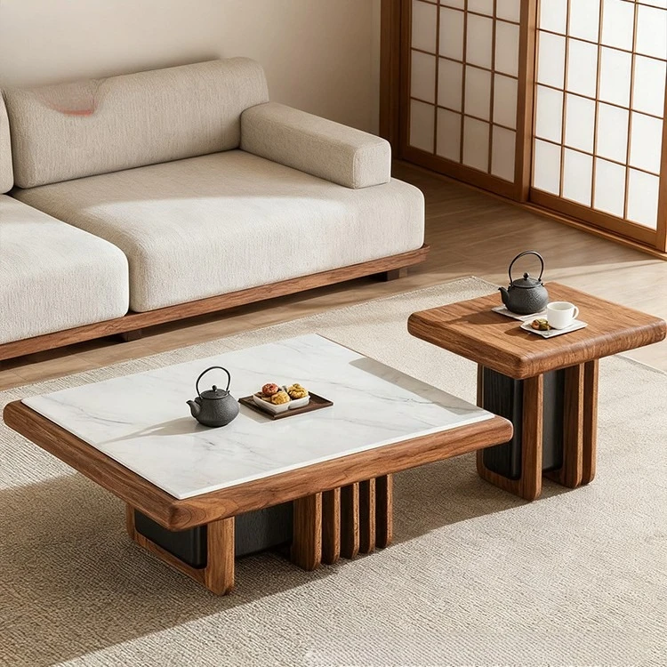 Modern coffee table combination walnut leather microcrystalline stone medieval style modern simple Italian square small coffee t