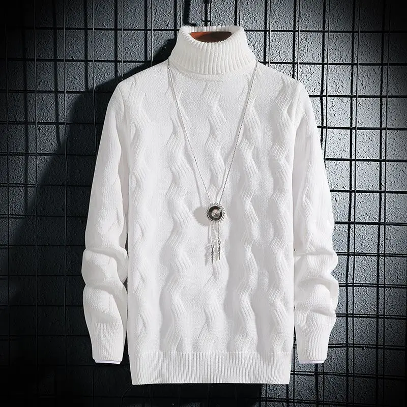 

Autumn Winter Turtleneck Sweater Men Korean Slim Twisted Flower Pullovers Sweater Solid Striped Thicken Plush Knitted Sweater