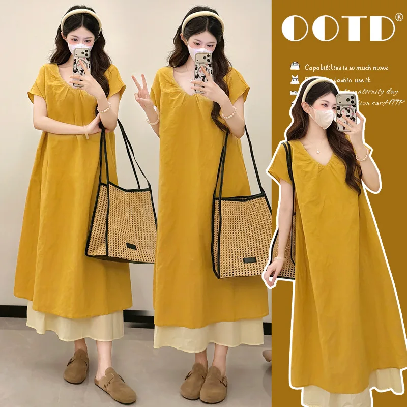 maternity-dress-summer-2026-french-style-minimalist-yellow-v-neck-maxi-dress-for-pregnant-women-loose-comfortable