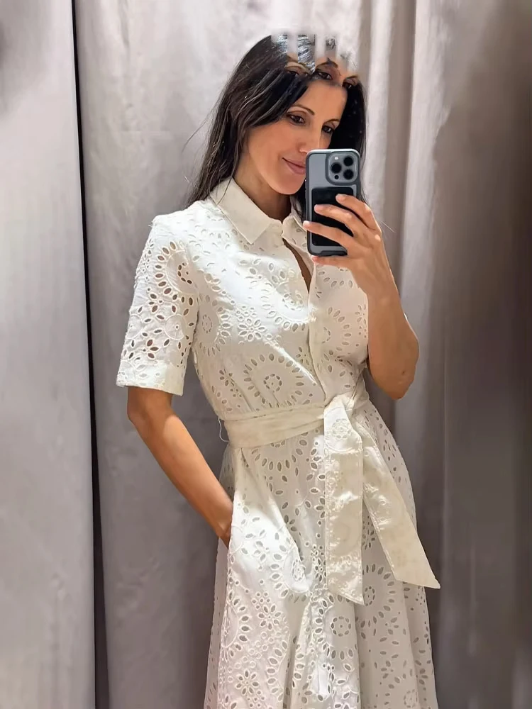 HH Women Fashion Summer White Single-Breasted Turn Down Collar Short Sleeve Long Dress Women's Bow Lace-Up Hollow Out Dress