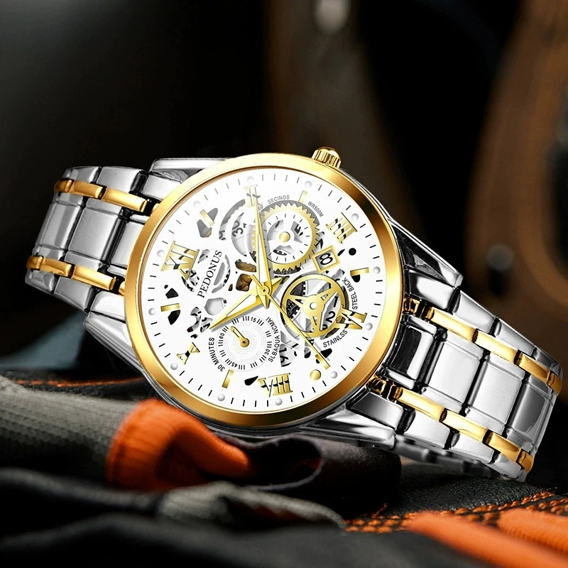 

Новые модные роскошные мужские часы с полым корпусом и имитацией механического механизма, кварцевые часы из нержавеющей стали для мужчин, деловые часы, reloj hombre.