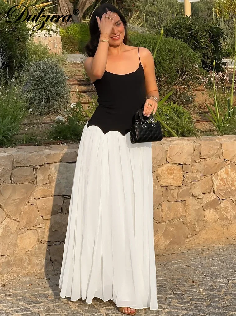 Dulzura Summer Fashion Sexy Backless Lace Up Slim Suspender Long Dress Casual Elegant Chiffon Patchwork Party Club Prom Clothes
