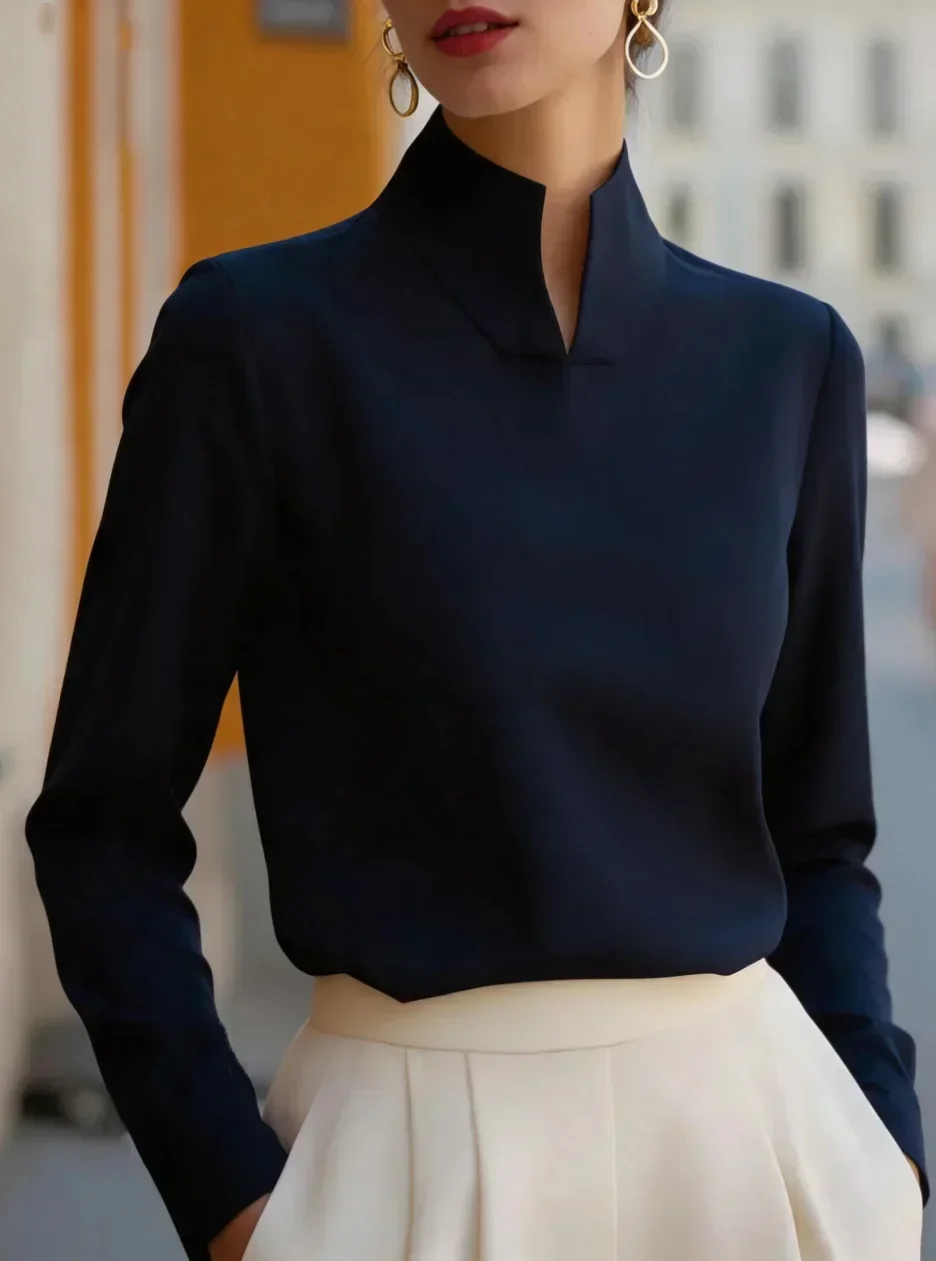 Damen Bluse mit Stehkragen und langen Ärmeln, elegantes Business- und Alltags-Hemd – Detail 5