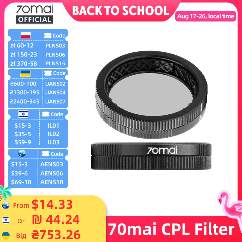 Filtro CPL Original 70mai para Câmera Veicular 70mai 4K A800SE/A510/A800S/A500S/A200/Lite2 D10/Lite D08, Filtro de Lente e Tampa de Lente