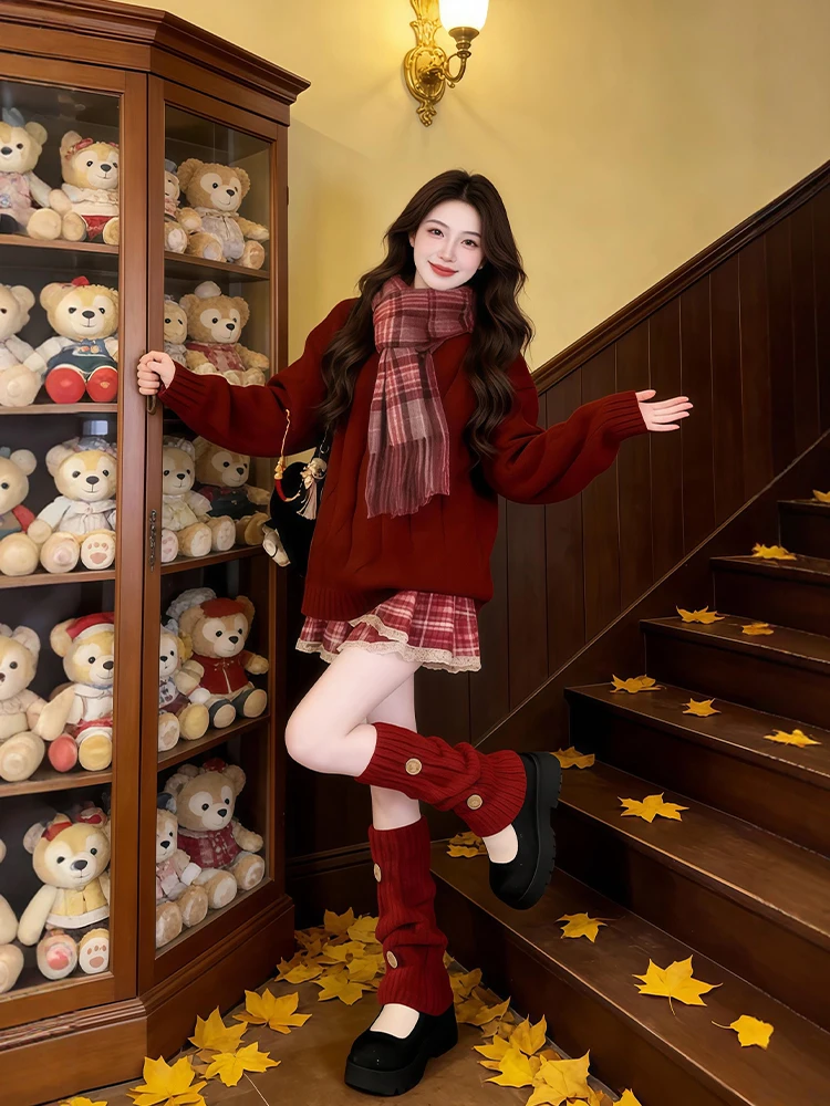 

Уникальный красивый красный вязаный свитер Cisas и клетчатая юбка, комплект больших размеров, женский модный зимний наряд, ансамбль